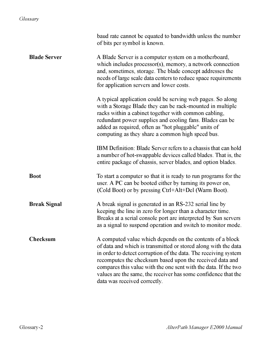 Cyclades AlterPath BladeManager user manual Blade Server, Boot, Break Signal, Checksum 