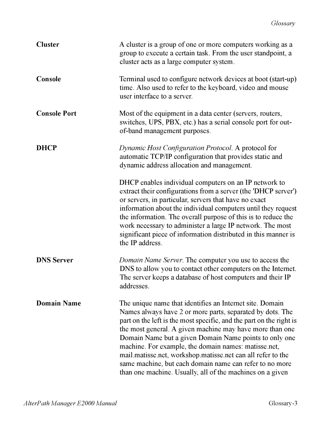 Cyclades AlterPath BladeManager user manual Cluster, Console Port, DNS Server, Domain Name 