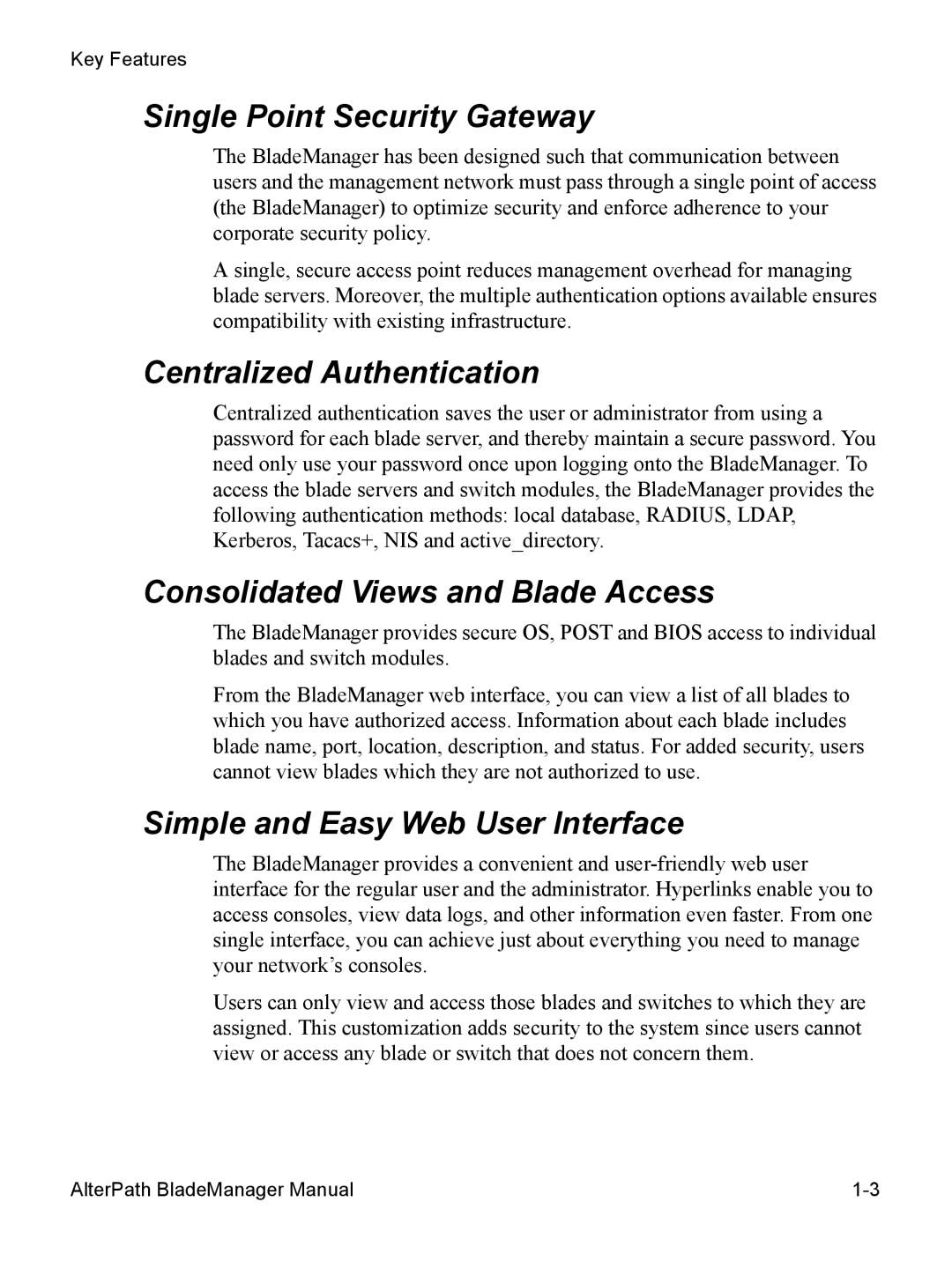 Cyclades AlterPath BladeManager user manual Single Point Security Gateway, Centralized Authentication 