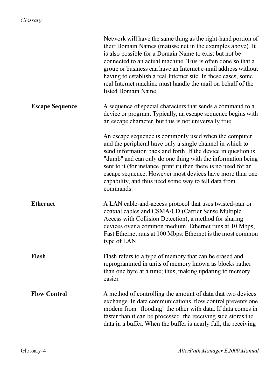 Cyclades AlterPath BladeManager user manual Escape Sequence, Ethernet, Flash, Flow Control 