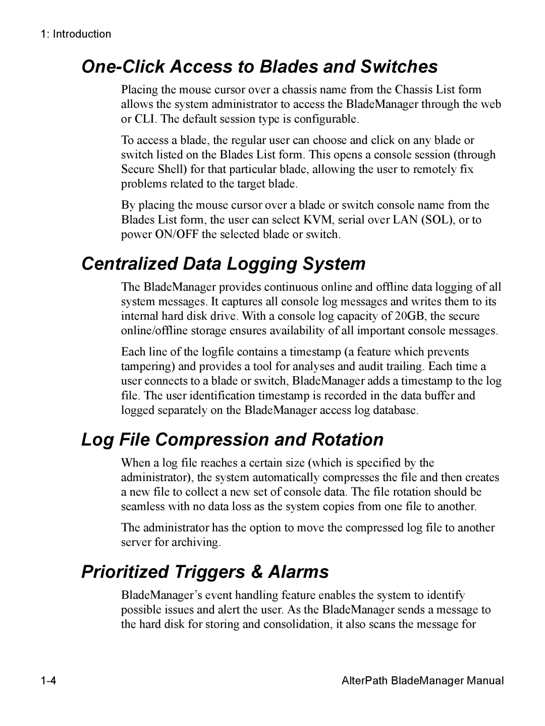 Cyclades AlterPath BladeManager user manual One-Click Access to Blades and Switches, Centralized Data Logging System 