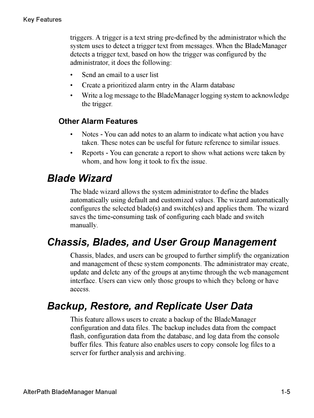 Cyclades AlterPath BladeManager user manual Blade Wizard, Chassis, Blades, and User Group Management, Other Alarm Features 