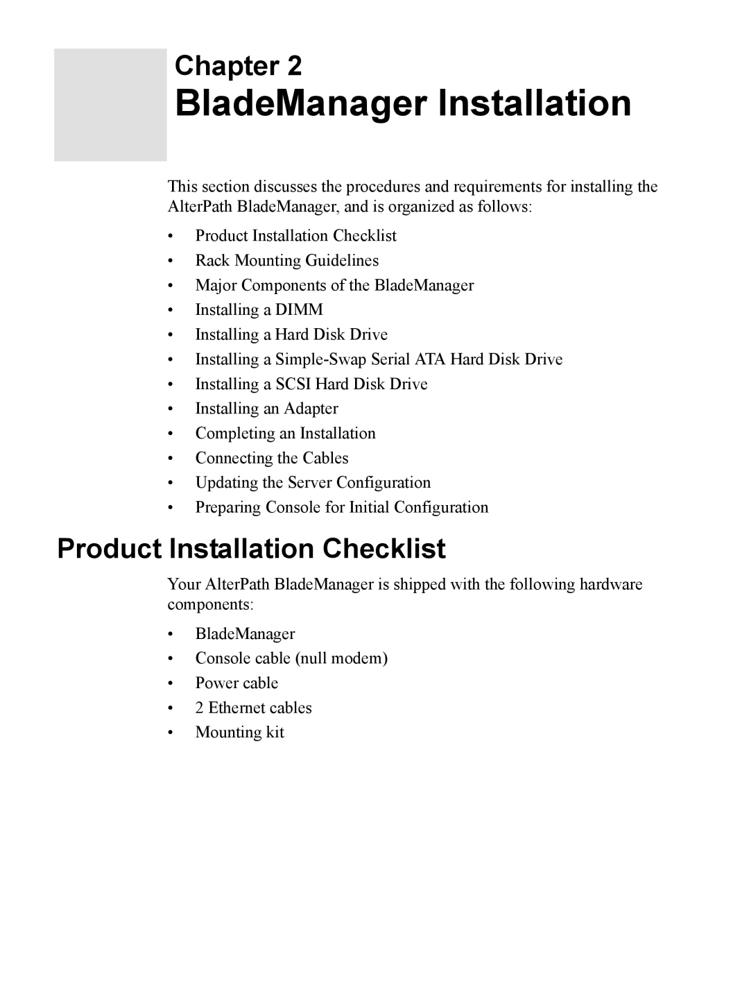 Cyclades AlterPath BladeManager user manual BladeManager Installation, Product Installation Checklist 