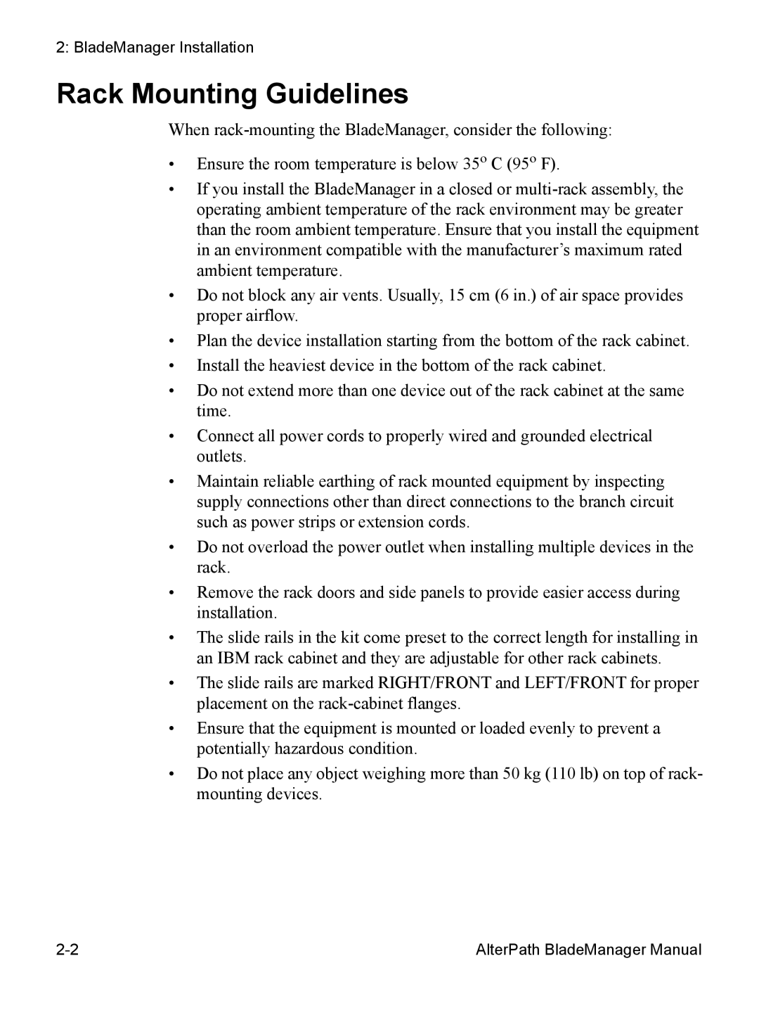 Cyclades AlterPath BladeManager user manual Rack Mounting Guidelines 