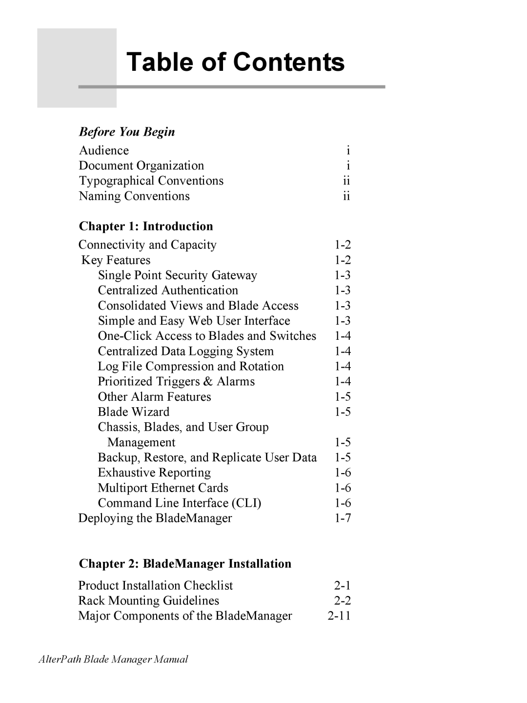 Cyclades AlterPath BladeManager user manual Table of Contents 