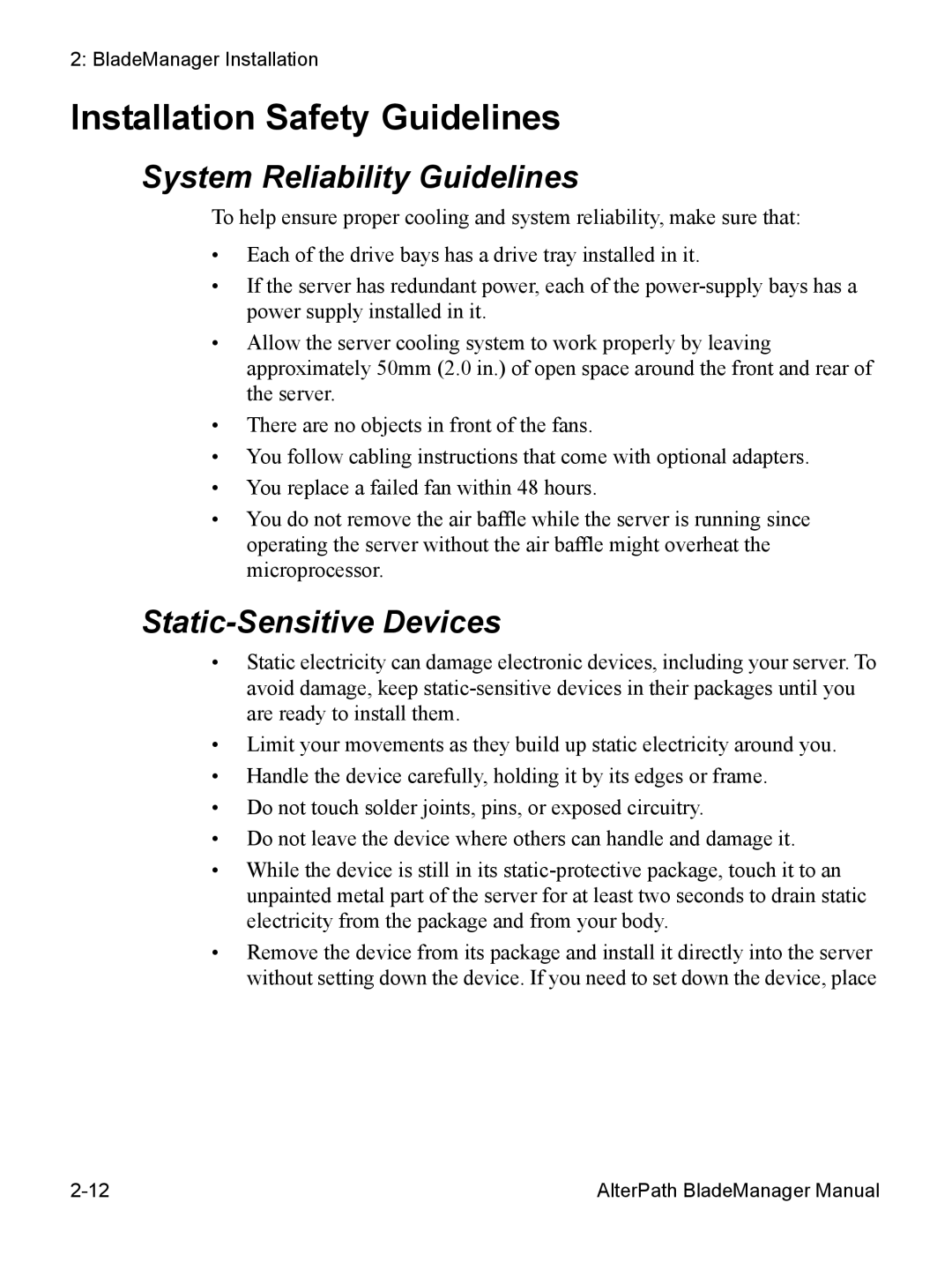 Cyclades AlterPath BladeManager Installation Safety Guidelines, System Reliability Guidelines, Static-Sensitive Devices 