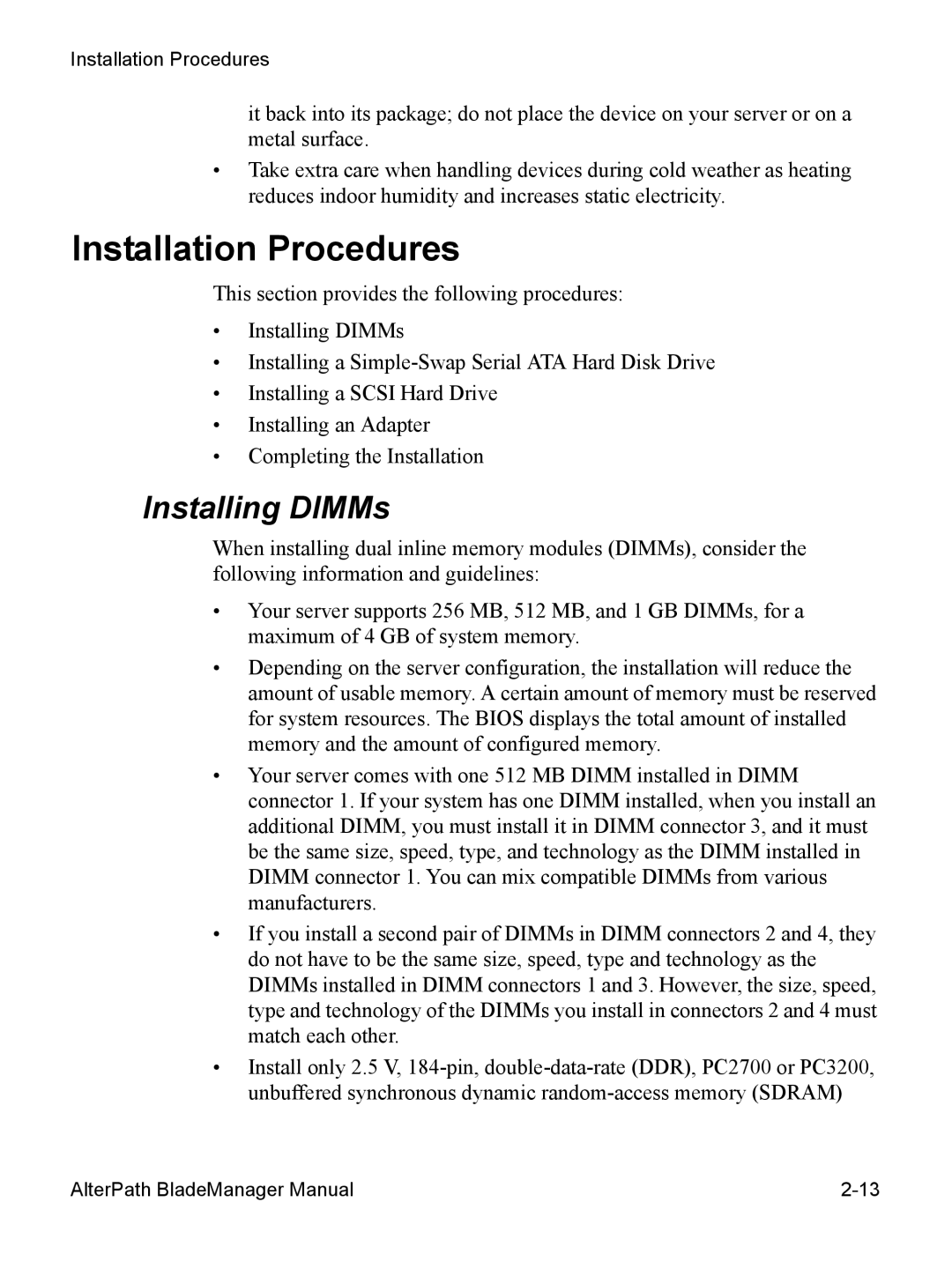 Cyclades AlterPath BladeManager user manual Installation Procedures, Installing DIMMs 