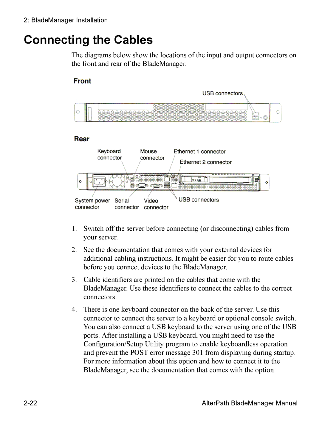 Cyclades AlterPath BladeManager user manual Connecting the Cables 