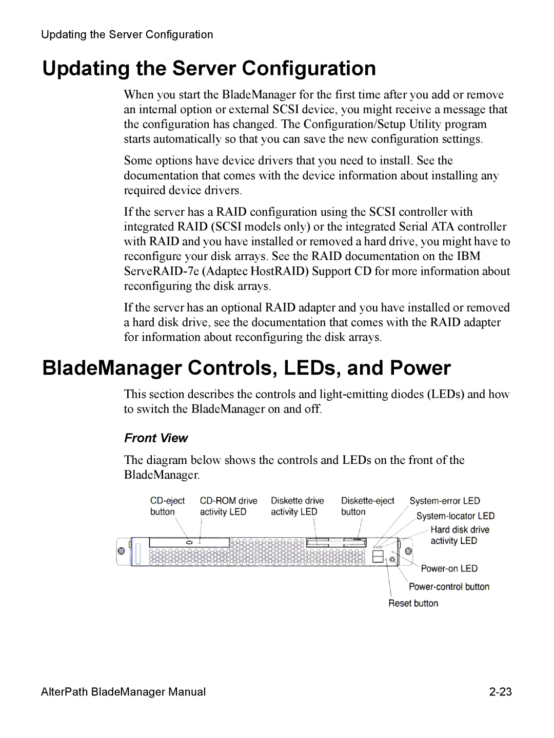 Cyclades AlterPath BladeManager user manual Updating the Server Configuration, BladeManager Controls, LEDs, and Power 