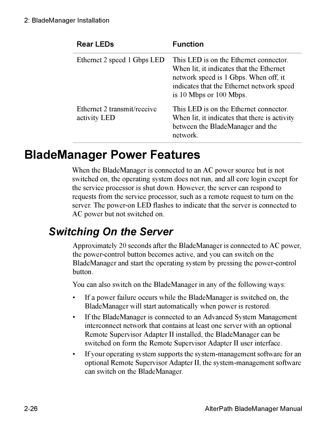 Cyclades AlterPath BladeManager user manual BladeManager Power Features, Switching On the Server 