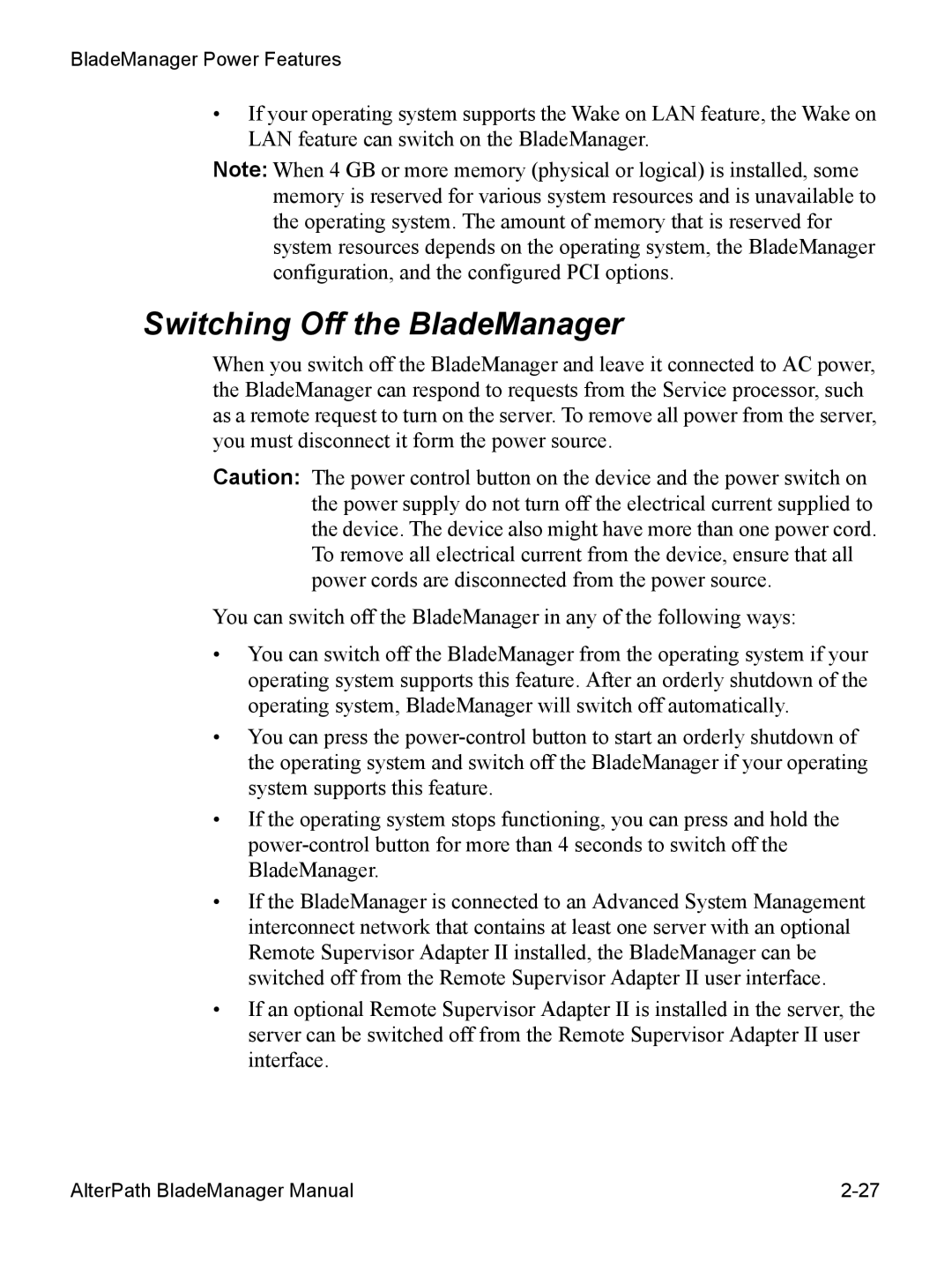 Cyclades AlterPath BladeManager user manual Switching Off the BladeManager 