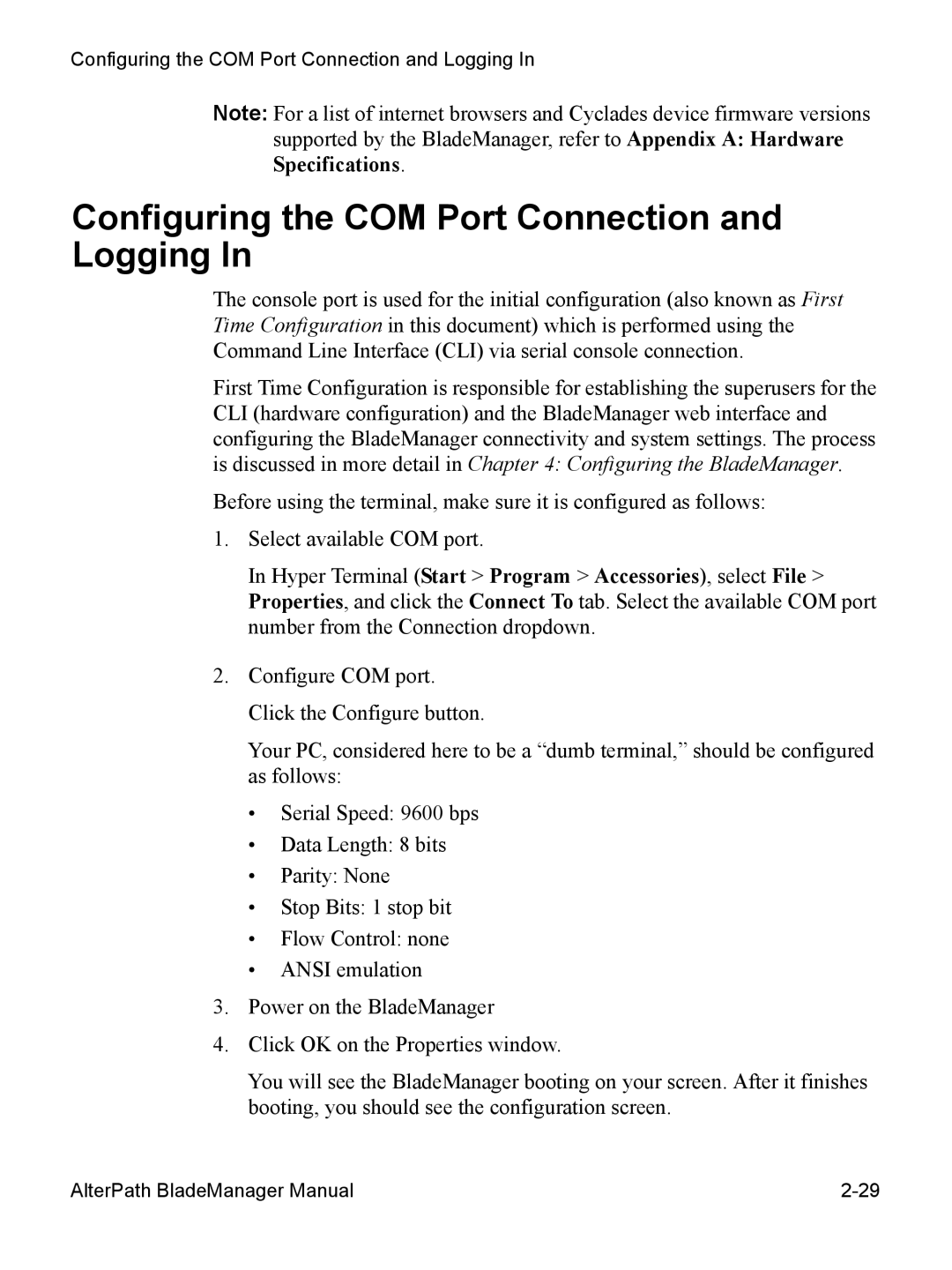 Cyclades AlterPath BladeManager user manual Configuring the COM Port Connection and Logging 