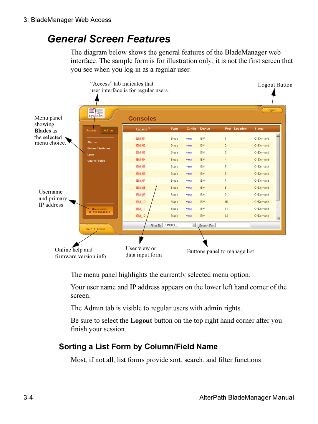 Cyclades AlterPath BladeManager user manual General Screen Features, Sorting a List Form by Column/Field Name 