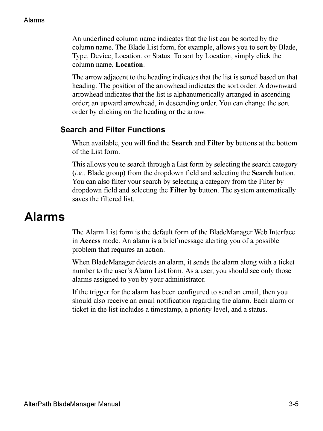 Cyclades AlterPath BladeManager user manual Alarms, Search and Filter Functions 