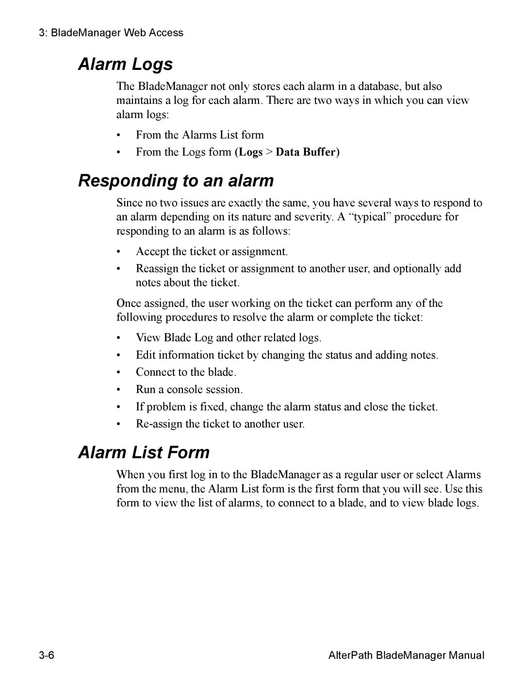 Cyclades AlterPath BladeManager user manual Alarm Logs, Responding to an alarm, Alarm List Form 