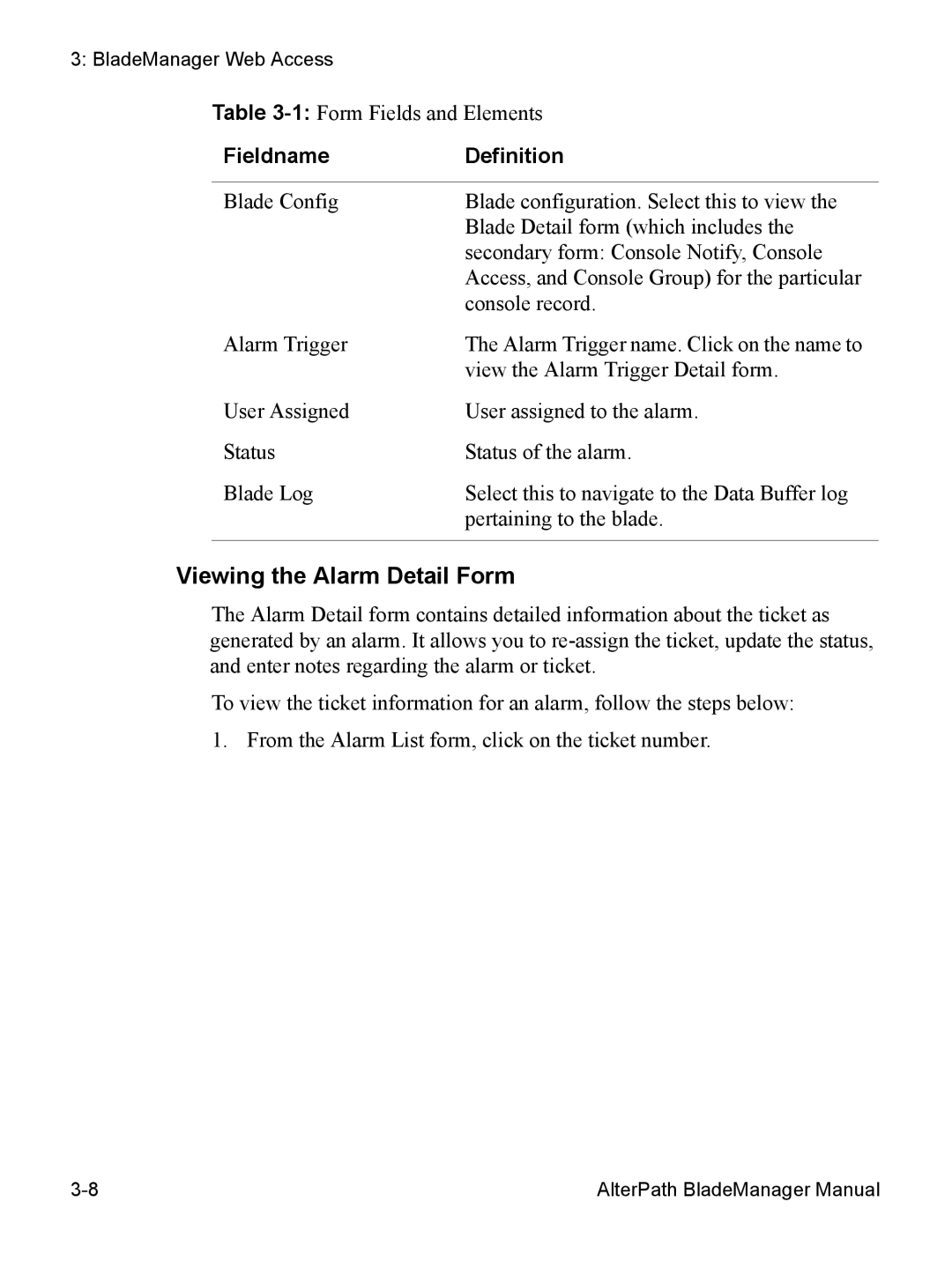 Cyclades AlterPath BladeManager user manual Viewing the Alarm Detail Form 