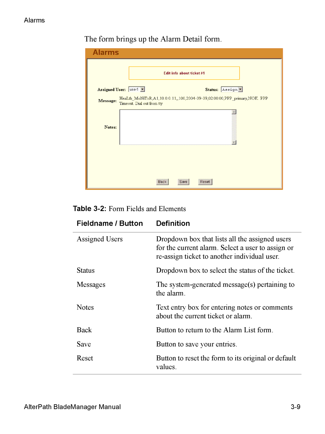 Cyclades AlterPath BladeManager user manual Form brings up the Alarm Detail form, Fieldname / Button Definition 