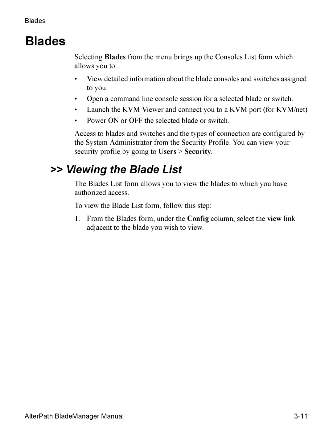 Cyclades AlterPath BladeManager user manual Blades, Viewing the Blade List 