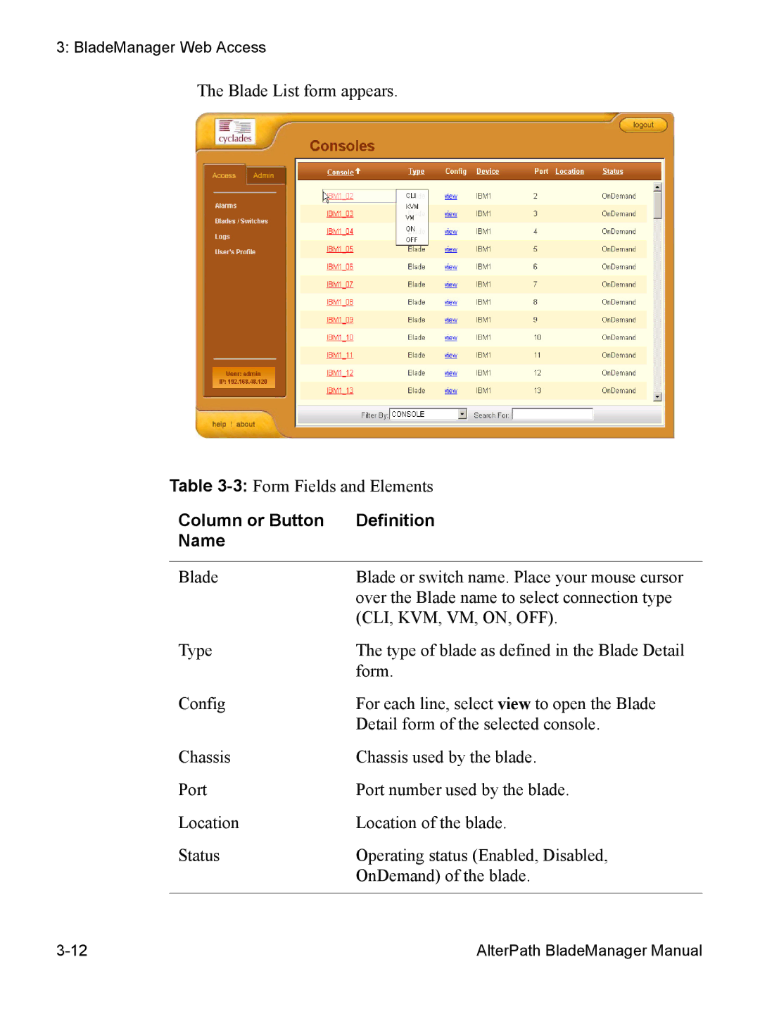 Cyclades AlterPath BladeManager user manual Column or Button Definition Name, Cli, Kvm, Vm, On, Off 