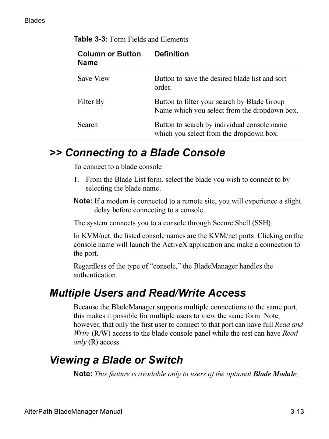 Cyclades AlterPath BladeManager user manual Connecting to a Blade Console, Multiple Users and Read/Write Access 