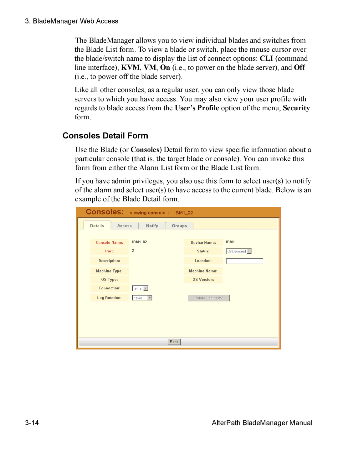 Cyclades AlterPath BladeManager user manual Consoles Detail Form 
