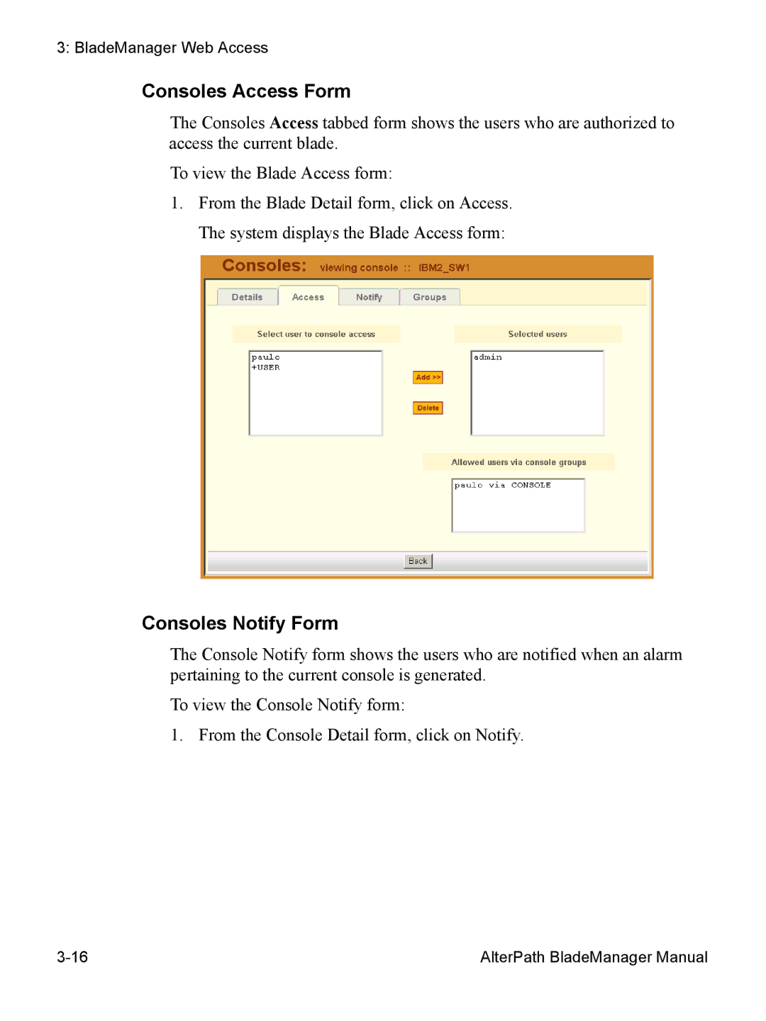 Cyclades AlterPath BladeManager user manual Consoles Access Form, Consoles Notify Form 