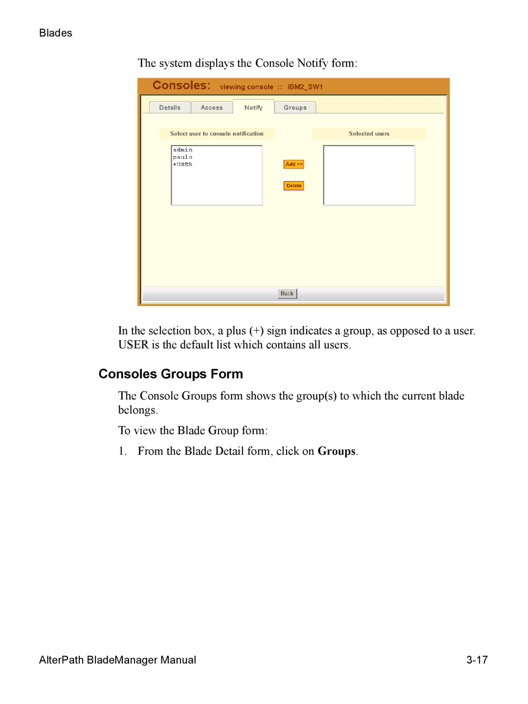 Cyclades AlterPath BladeManager user manual Consoles Groups Form 