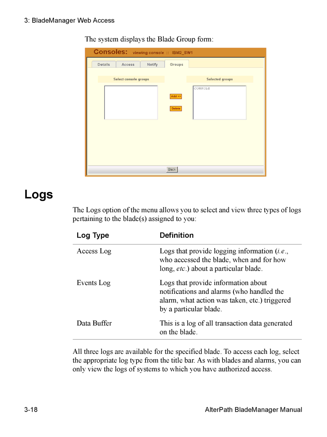 Cyclades AlterPath BladeManager user manual Logs, Log Type Definition 