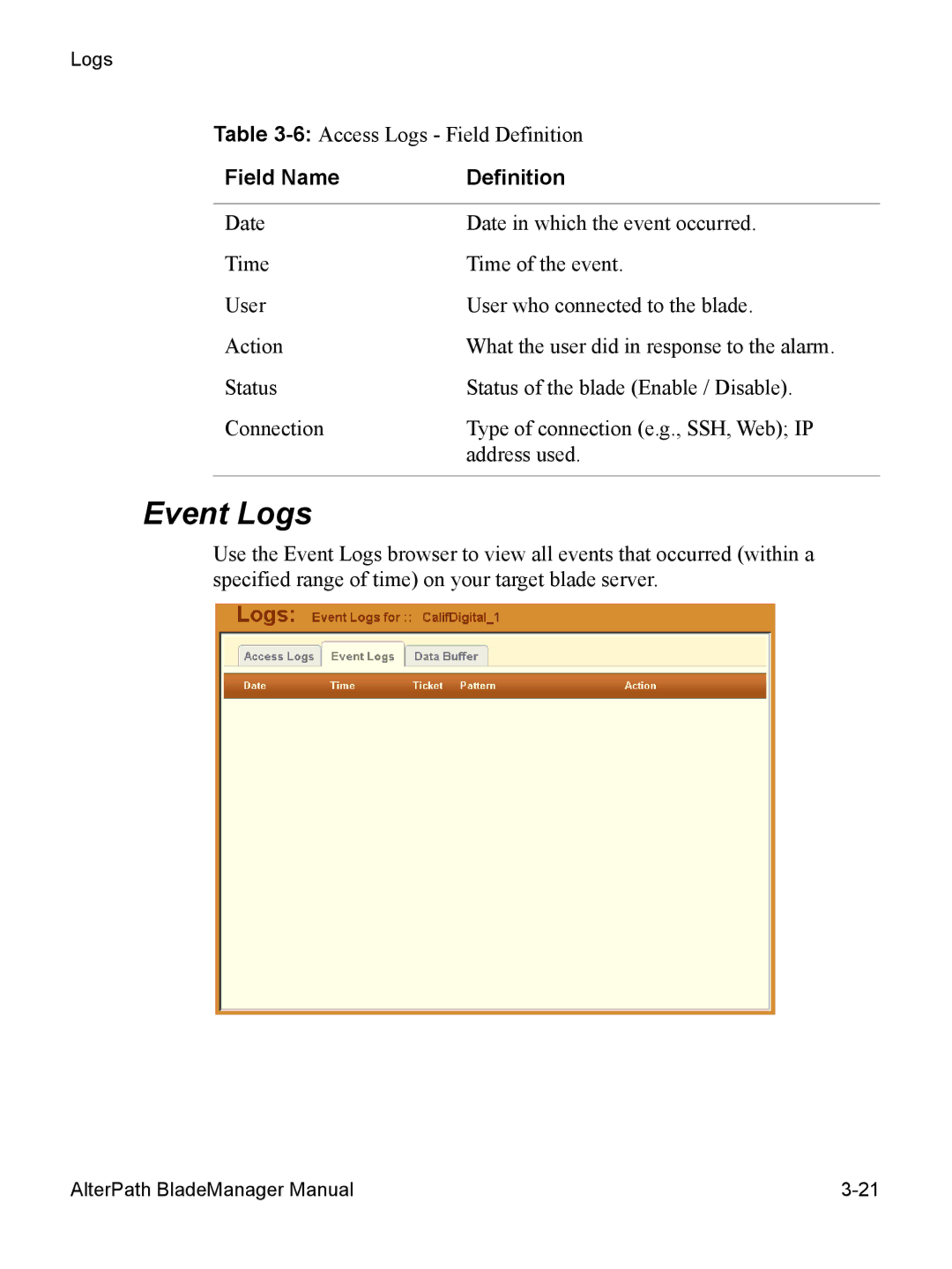 Cyclades AlterPath BladeManager user manual Event Logs 