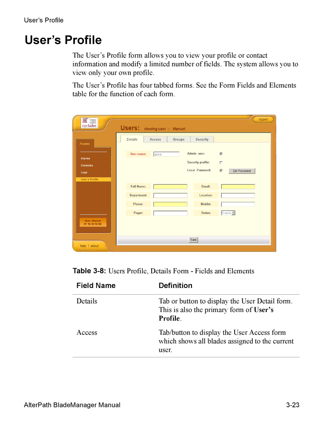 Cyclades AlterPath BladeManager user manual User’s Profile 