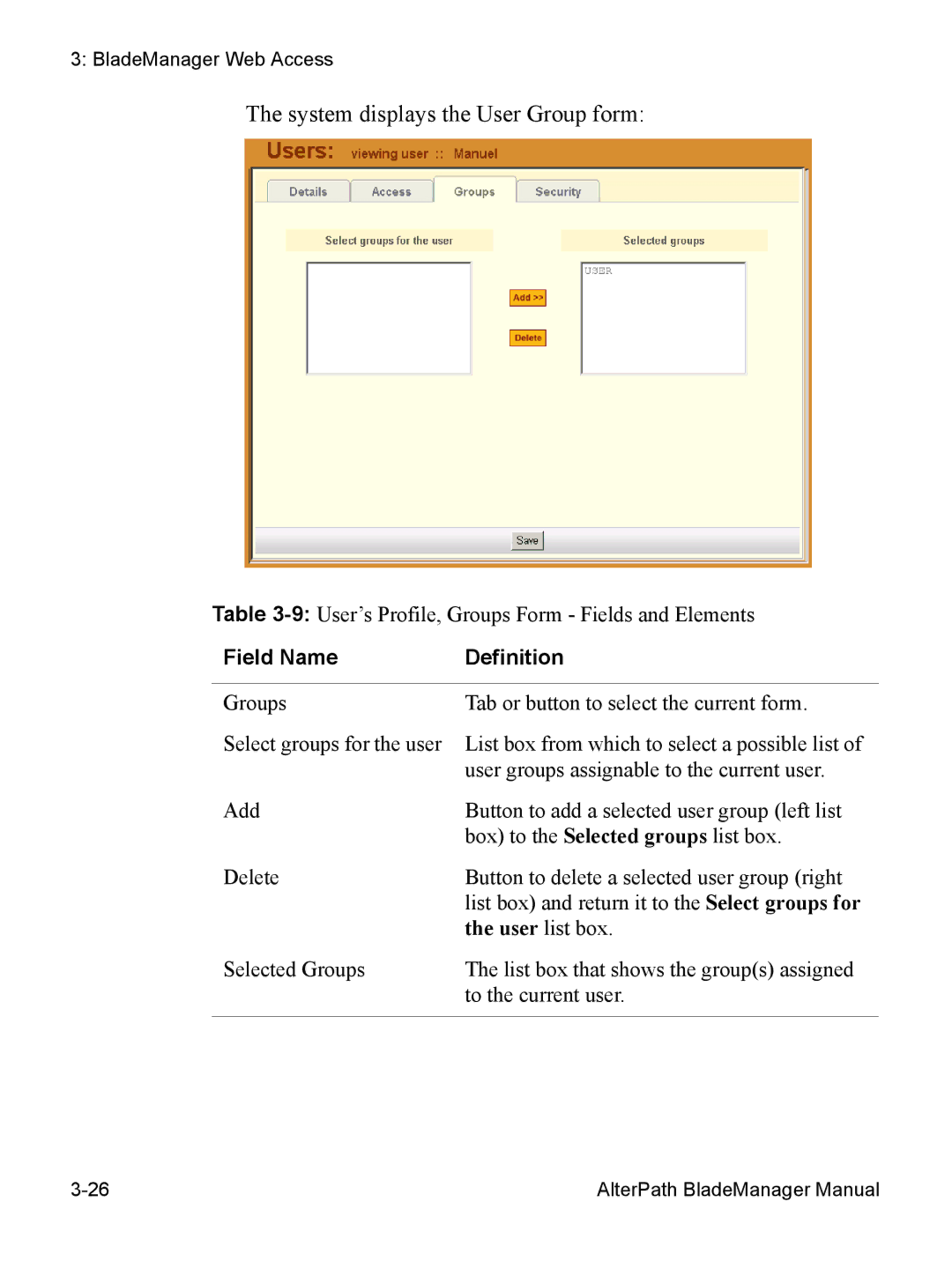 Cyclades AlterPath BladeManager user manual System displays the User Group form, User list box 