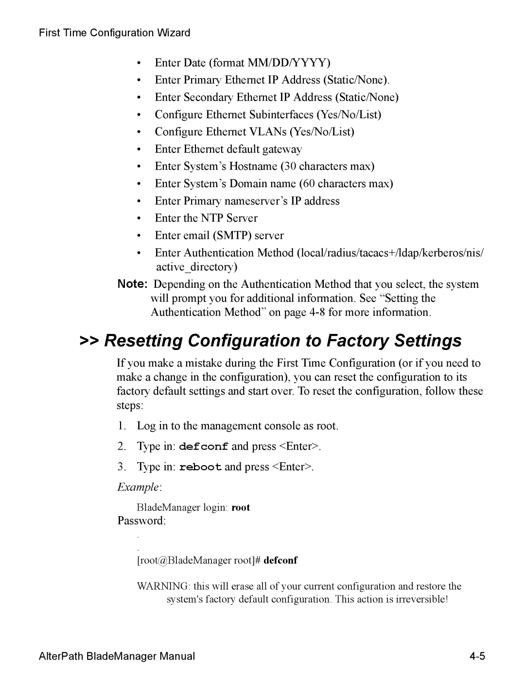 Cyclades AlterPath BladeManager user manual Resetting Configuration to Factory Settings, Password 