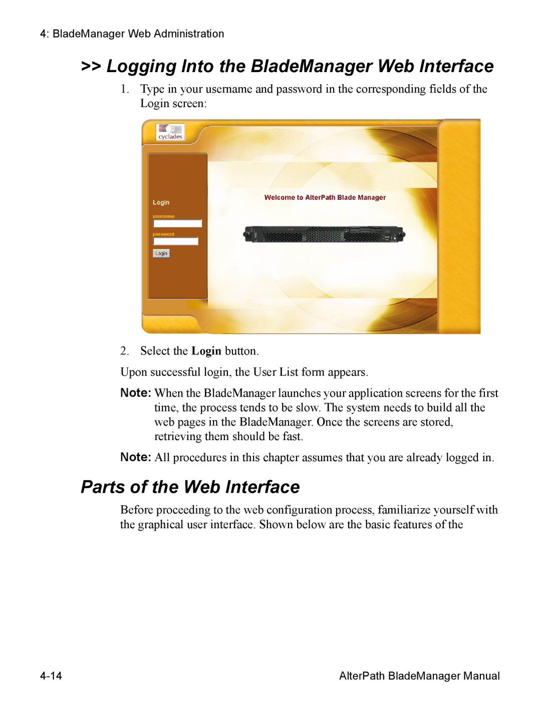 Cyclades AlterPath BladeManager user manual Logging Into the BladeManager Web Interface, Parts of the Web Interface 