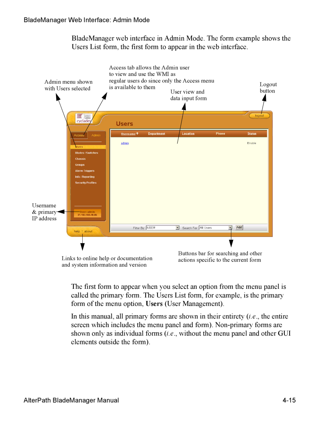 Cyclades AlterPath BladeManager user manual BladeManager Web Interface Admin Mode 