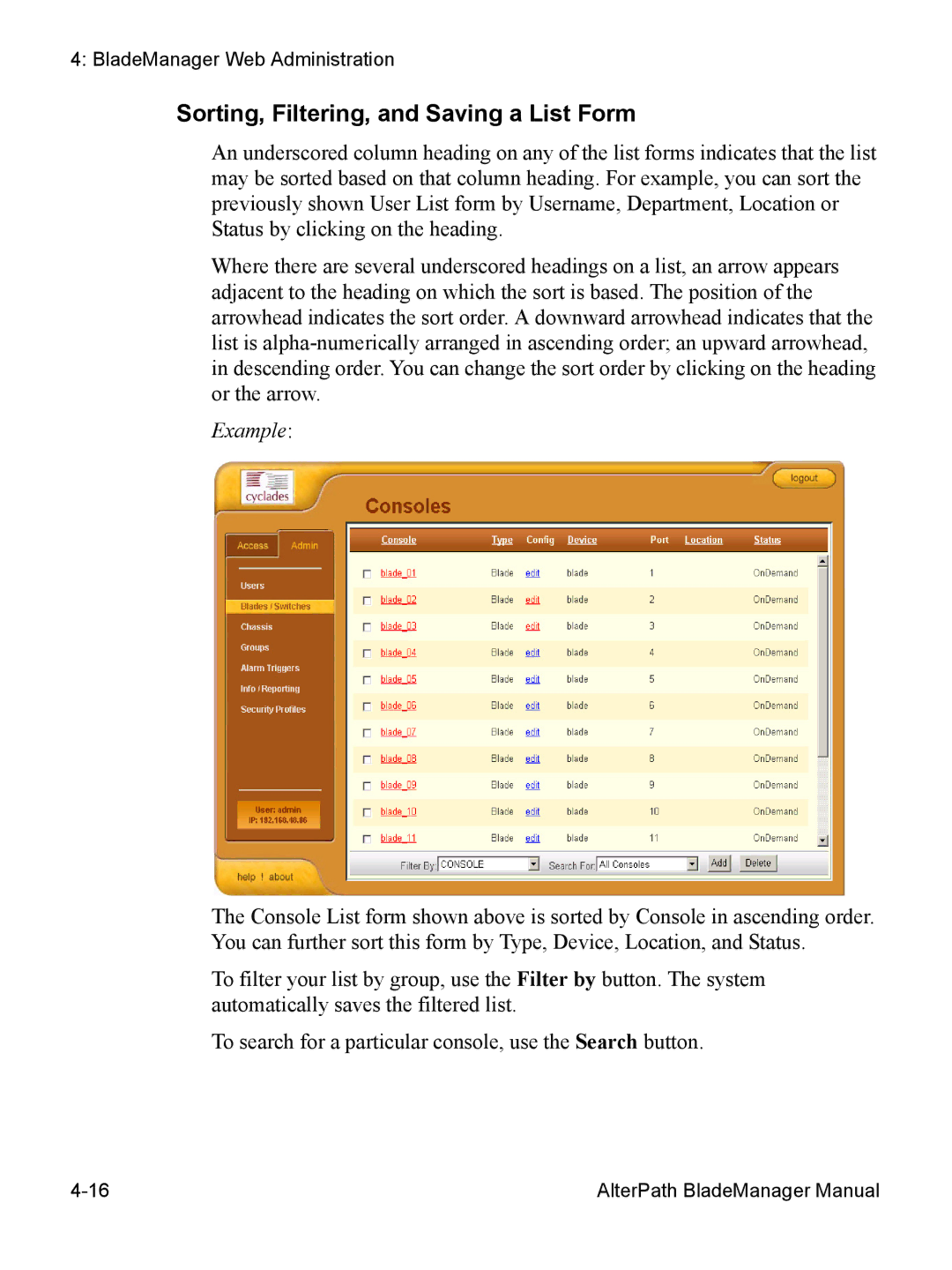 Cyclades AlterPath BladeManager user manual Sorting, Filtering, and Saving a List Form 