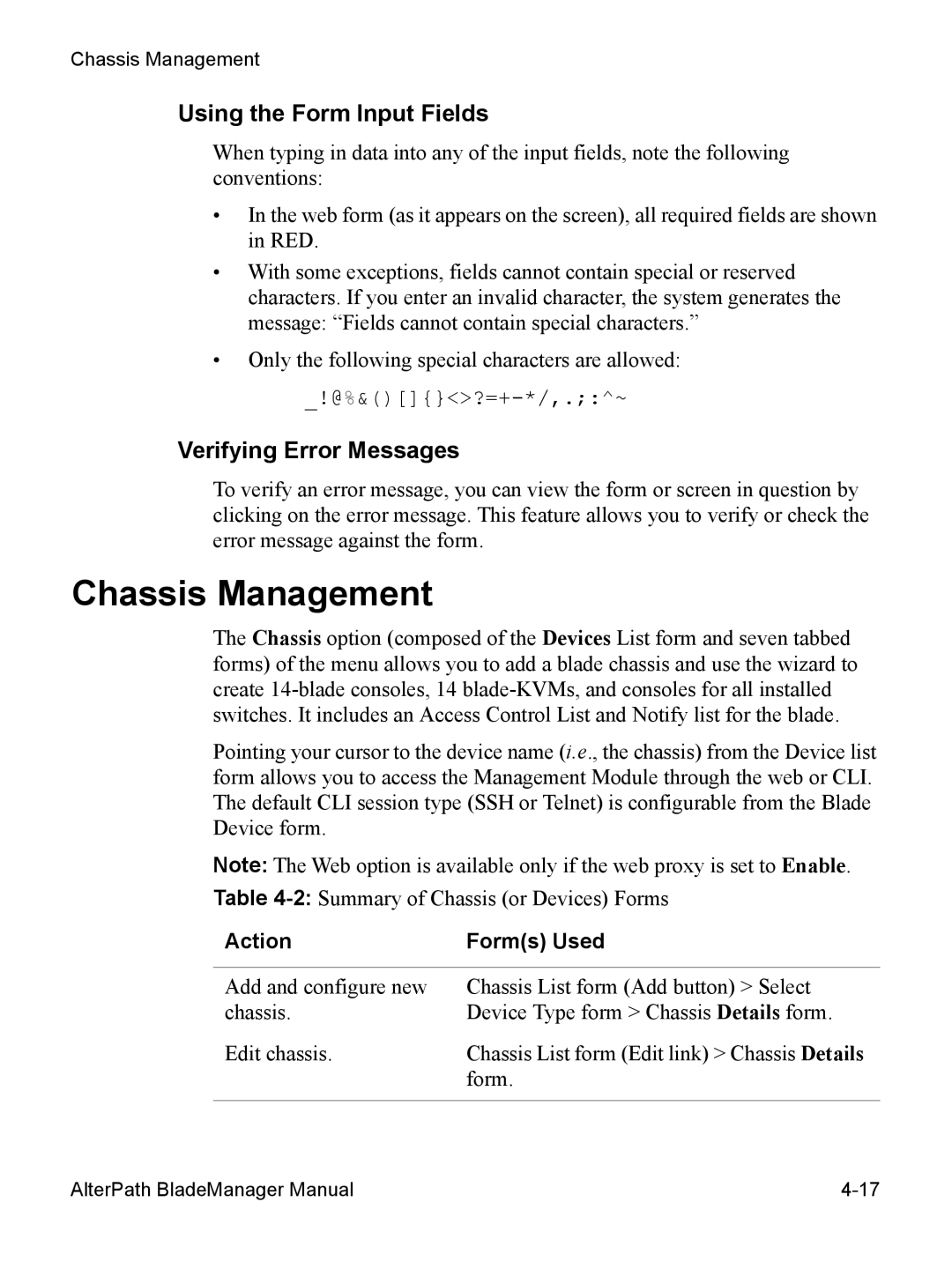 Cyclades AlterPath BladeManager user manual Chassis Management, Using the Form Input Fields, Verifying Error Messages 