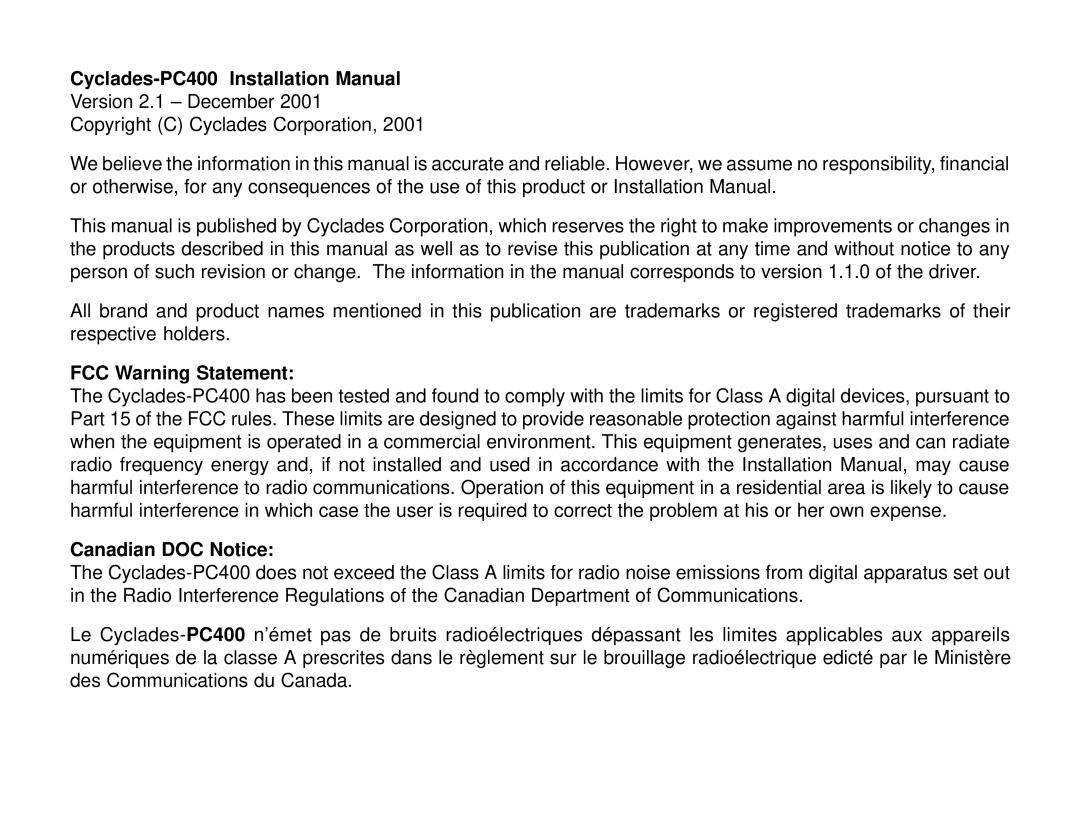 Cyclades installation manual Cyclades-PC400 Installation Manual, FCC Warning Statement, Canadian DOC Notice 