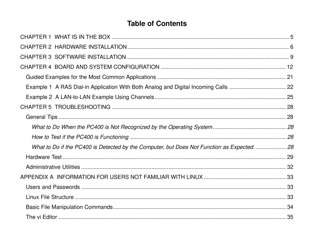 Cyclades PC400 installation manual Table of Contents 