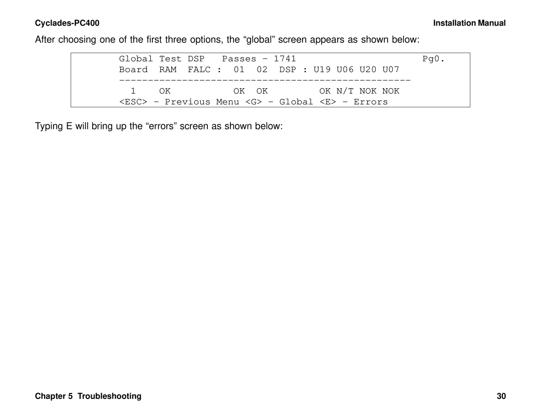 Cyclades PC400 installation manual Global Test, Passes Pg0 Board, DSP U19 U06 U20 U07, ESC Previous Menu G Global E Errors 