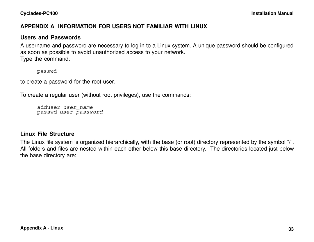 Cyclades PC400 Appendix a Information for Users not Familiar with Linux, Users and Passwords, Passwd, Linux File Structure 