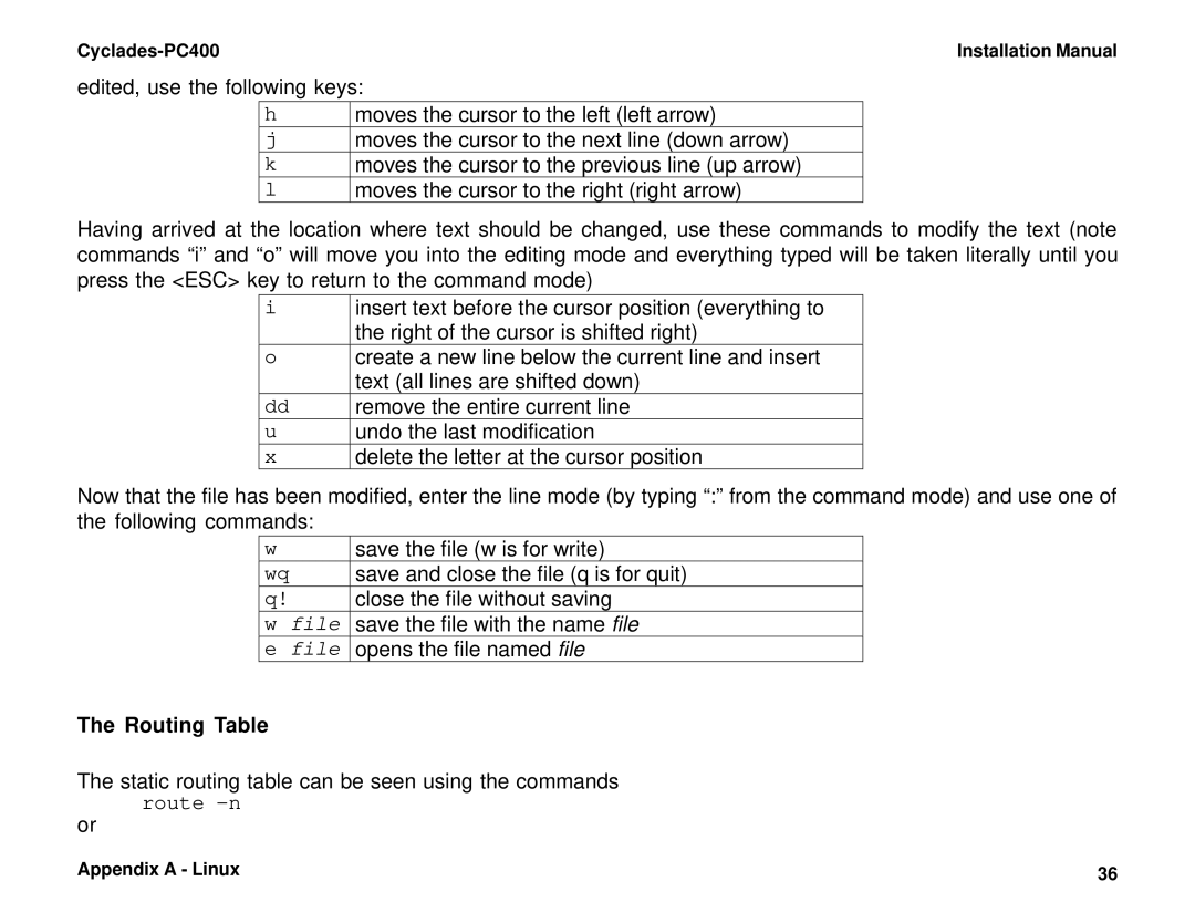 Cyclades PC400 installation manual Routing Table 