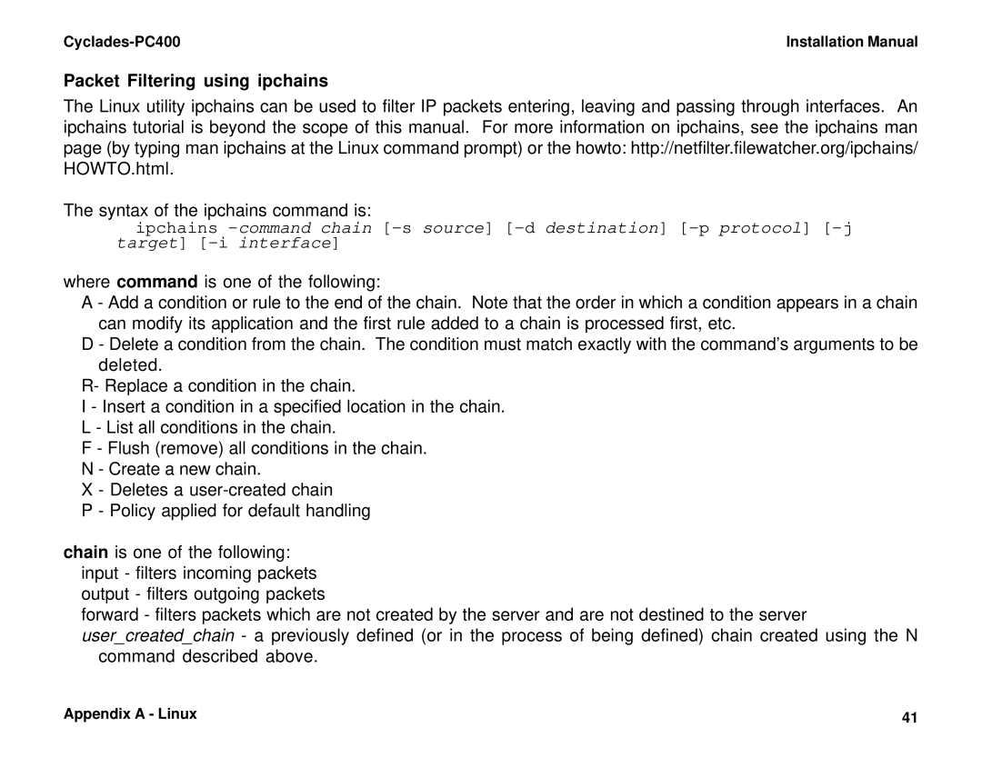 Cyclades PC400 installation manual Packet Filtering using ipchains 