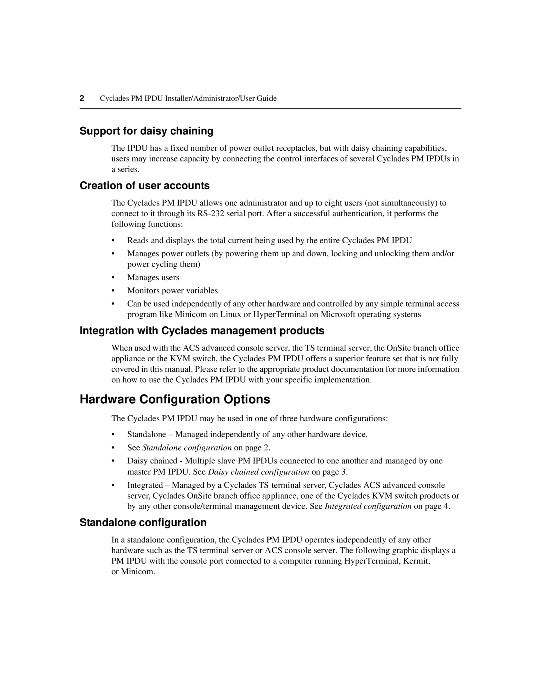 Cyclades PM IPDU manual Hardware Configuration Options, Support for daisy chaining, Creation of user accounts 