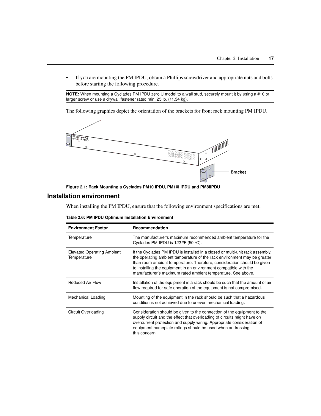 Cyclades PM IPDU manual Installation environment, Rack Mounting a Cyclades PM10 IPDU, PM10l Ipdu and PM8iIPDU 