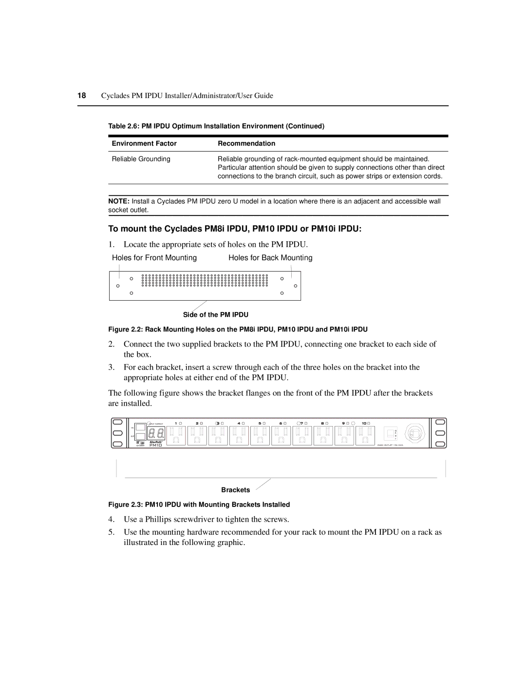 Cyclades PM IPDU manual To mount the Cyclades PM8i IPDU, PM10 Ipdu or PM10i Ipdu 