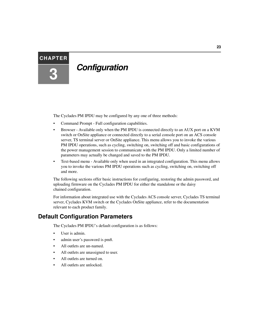 Cyclades PM IPDU manual Default Configuration Parameters 