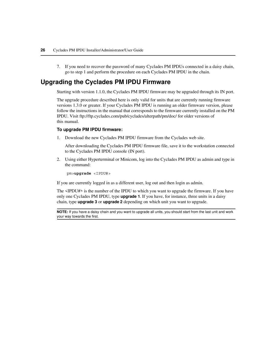 Cyclades PM IPDU manual Upgrading the Cyclades PM Ipdu Firmware, To upgrade PM Ipdu firmware 