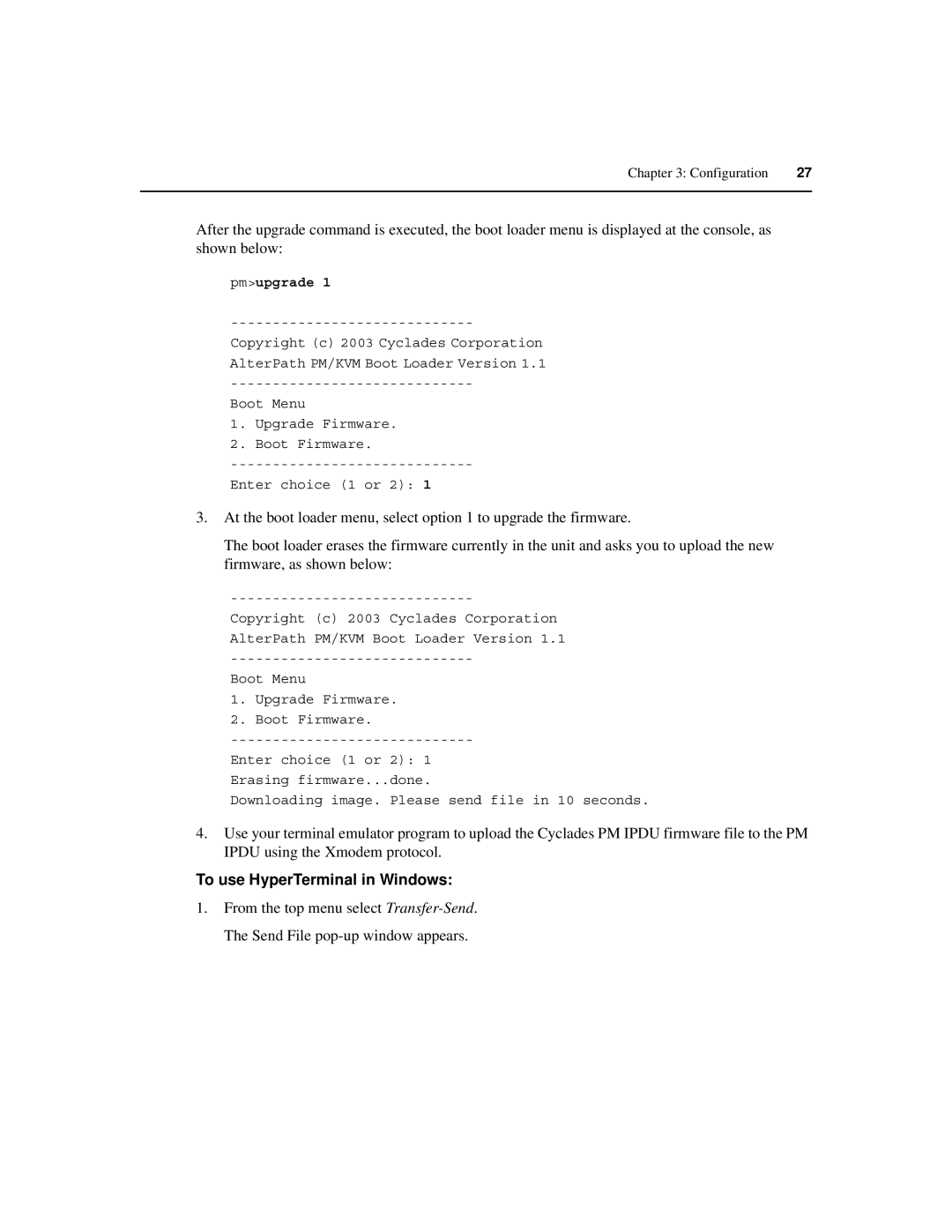 Cyclades PM IPDU manual To use HyperTerminal in Windows, Pmupgrade 