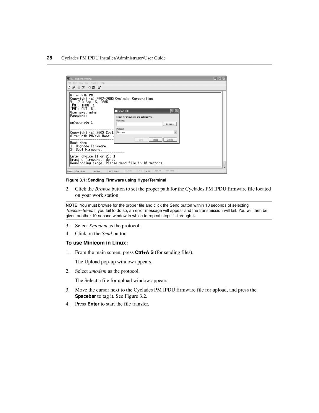 Cyclades PM IPDU manual To use Minicom in Linux, Sending Firmware using HyperTerminal 