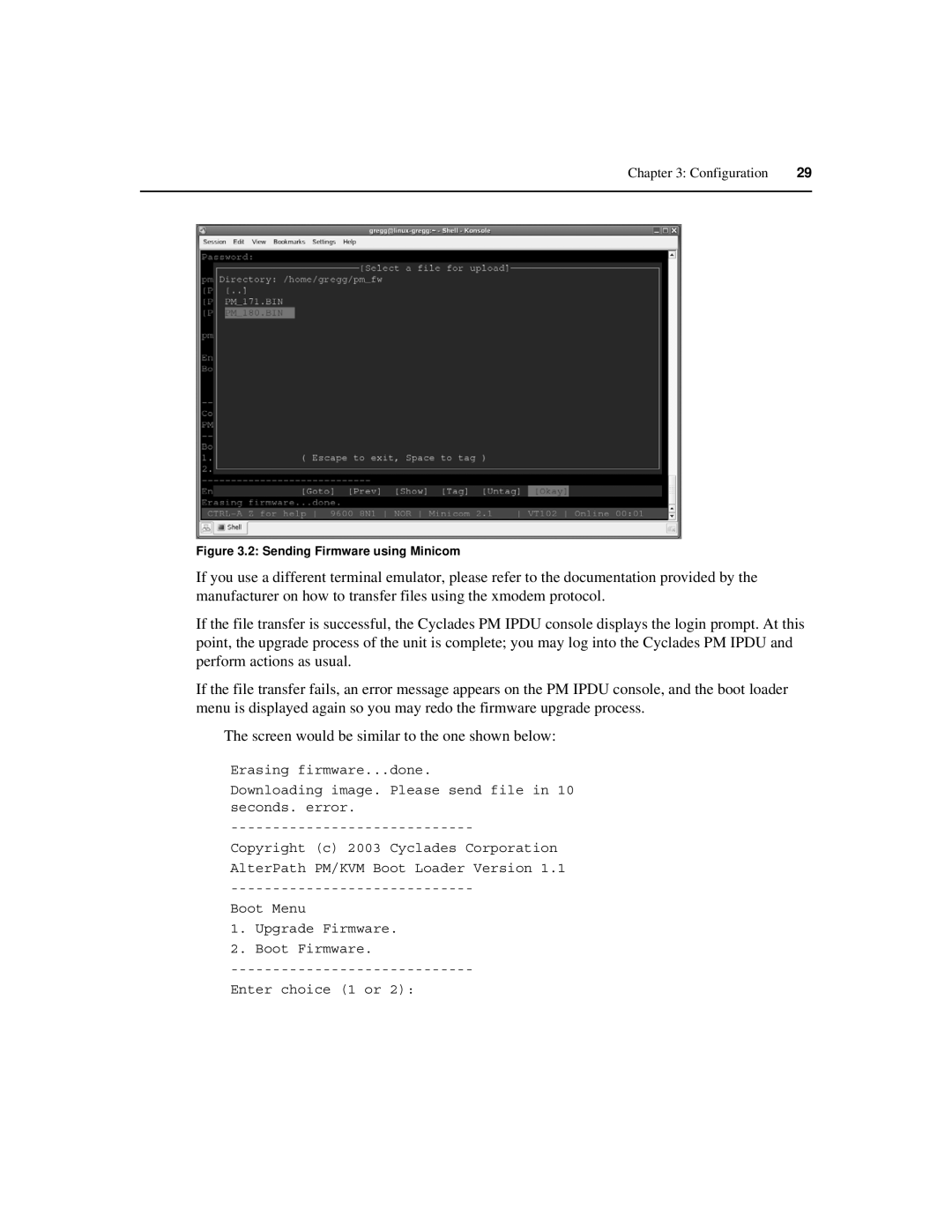 Cyclades PM IPDU manual Sending Firmware using Minicom 